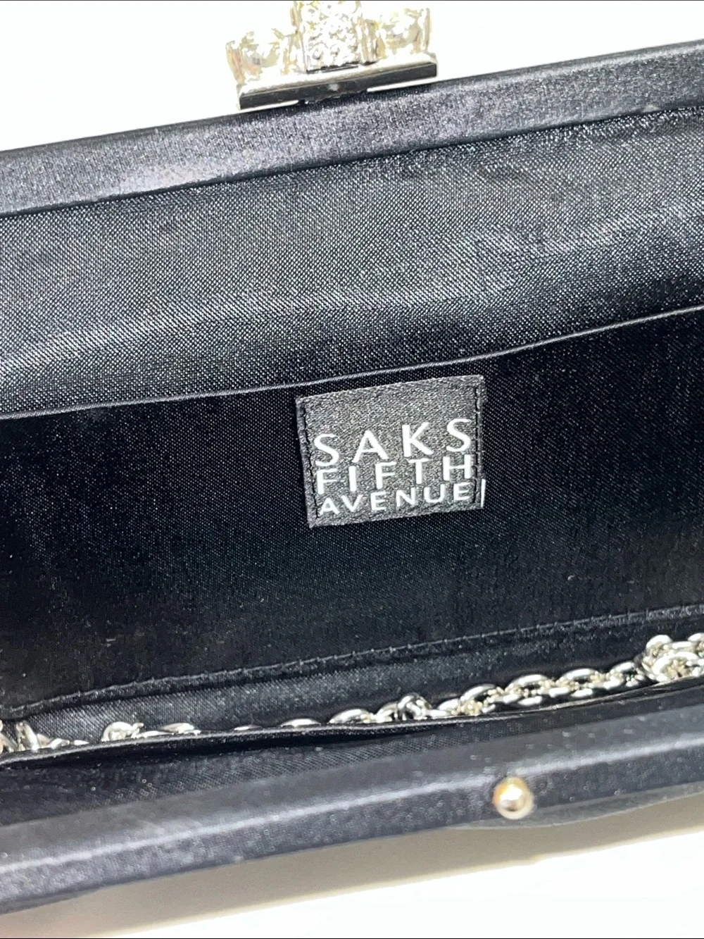 Saks Fifth Avenue Black Satin Jeweled Clasp Evening Clutch / Crossbody